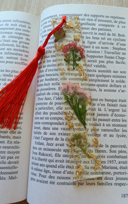 Marque-pages en résine époxy, fleurs rouges et roses, pompon gland rouge