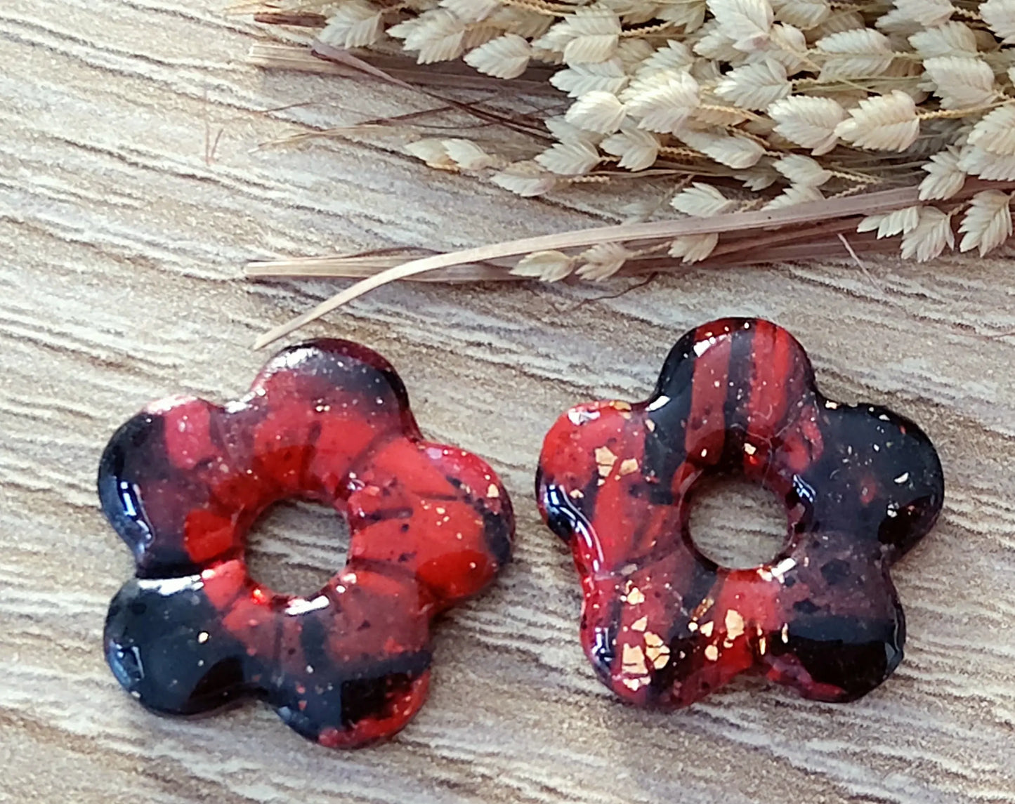 Pampilles ALBA en pâte Fimo. Marbré rouge et noir - PRETTY RESINE