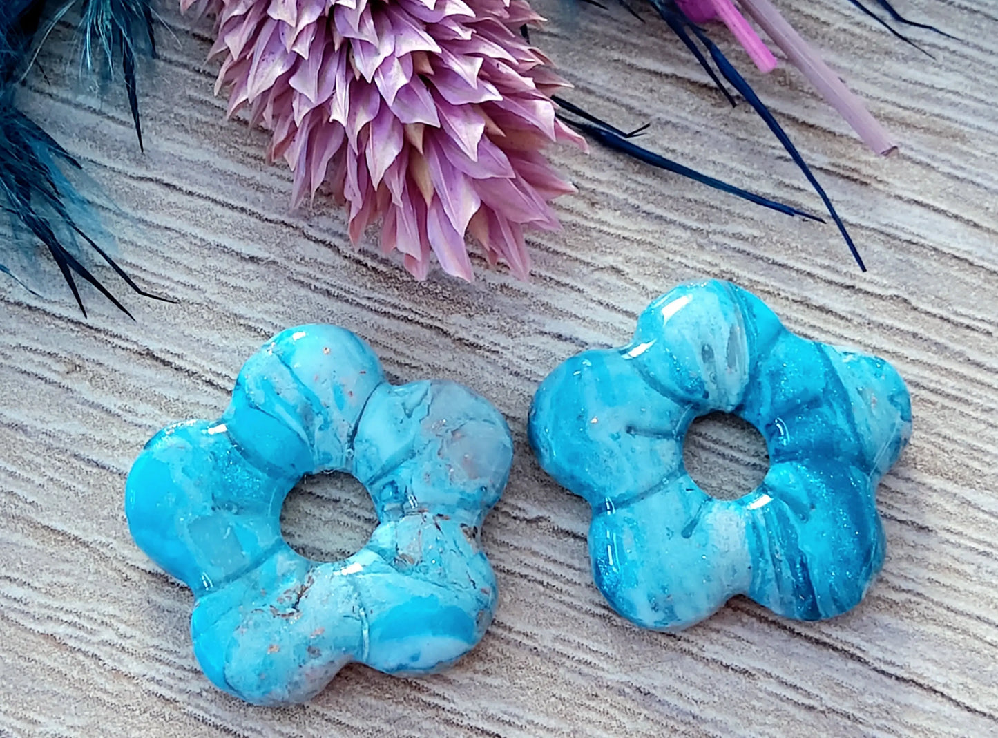 Pampilles ALBA en pâte Fimo. Marbré turquoise - PRETTY RESINE
