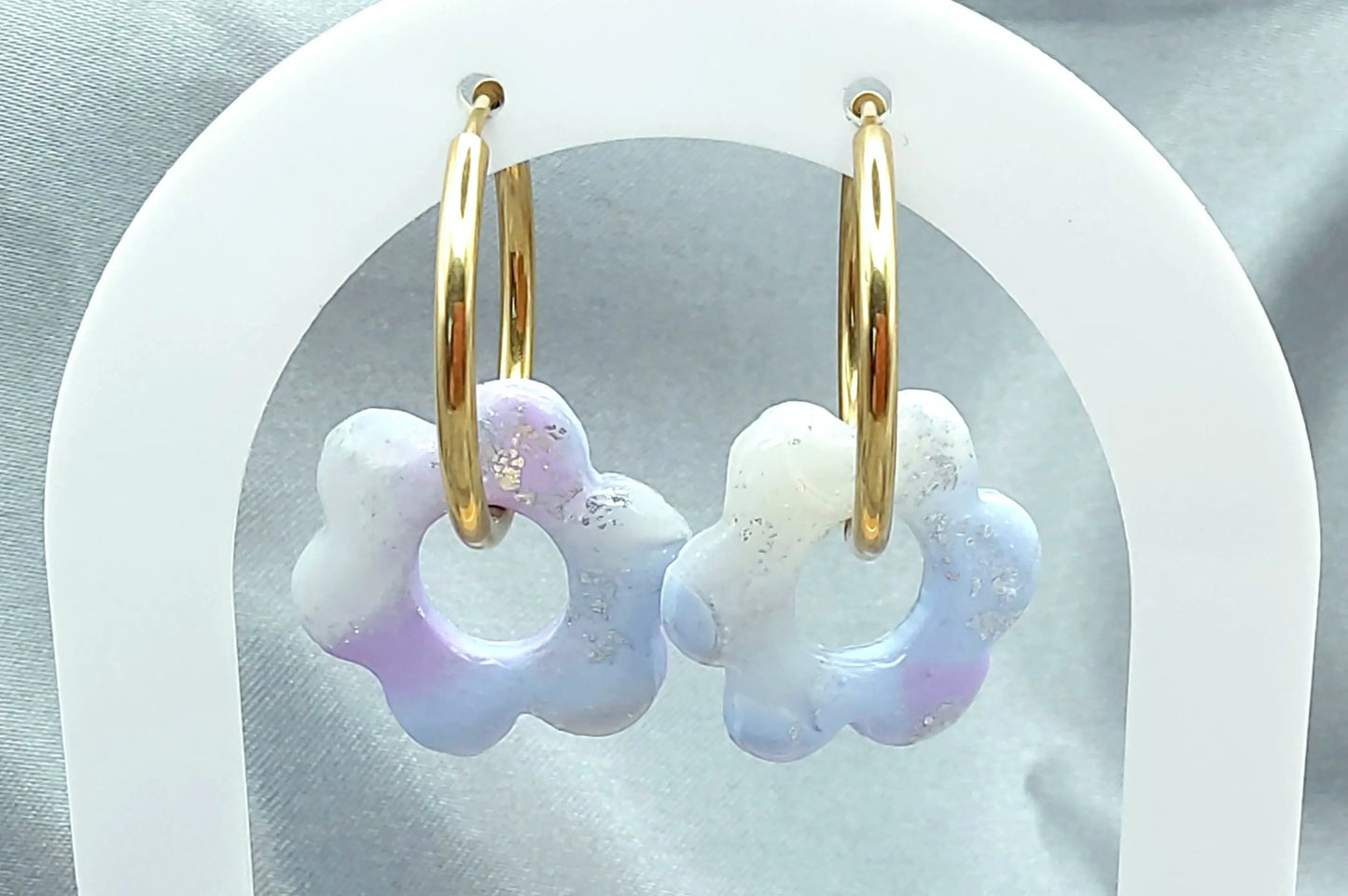 Pampilles DALIA en pâte fimo. Marbré bleu et mauve pastel, feuille d'argent - PRETTY RESINE