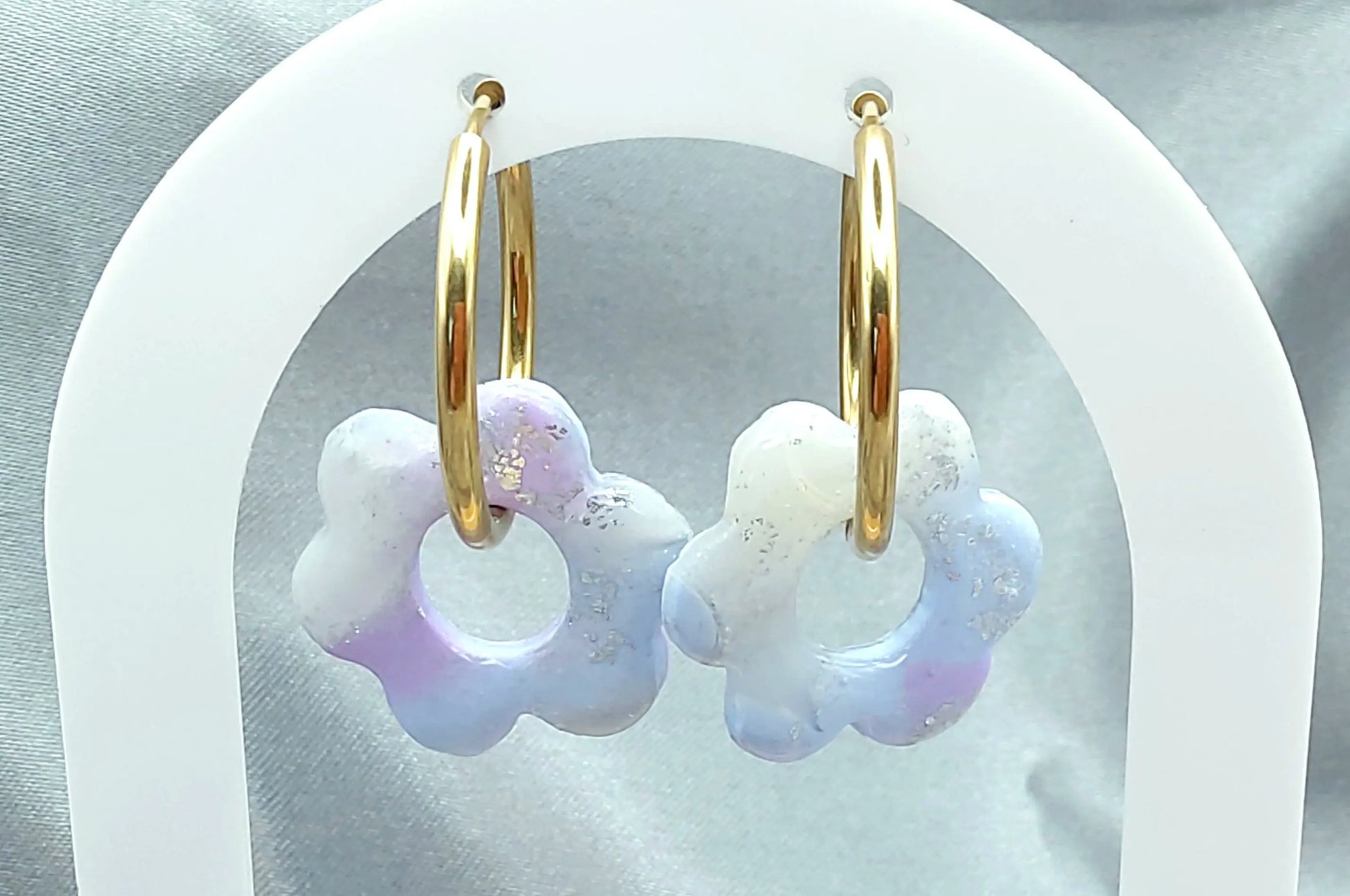 Pampilles DALIA en pâte fimo. Marbré bleu et mauve pastel, feuille d'argent - PRETTY RESINE
