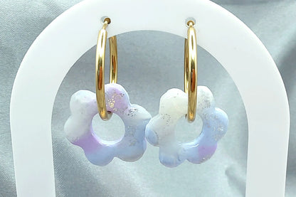 Pampilles DALIA en pâte fimo. Marbré bleu et mauve pastel, feuille d'argent - PRETTY RESINE