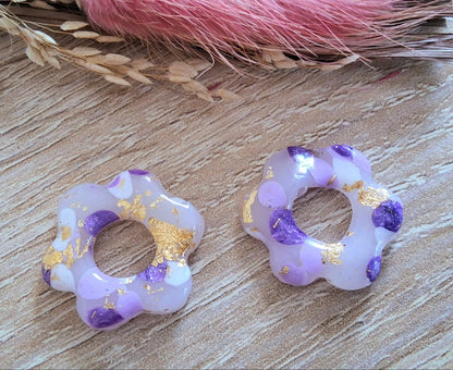 Pampilles DALIA en pâte Fimo. Mauve, blanc et feuille d'or - PRETTY RESINE