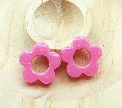 Pampilles FLORE en résine époxy. Rose et paillettes holographiques  - PRETTY RESINE