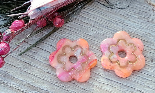 Pampilles LINA en pâte Fimo. Marbré orange, rose et or - PRETTY RESINE