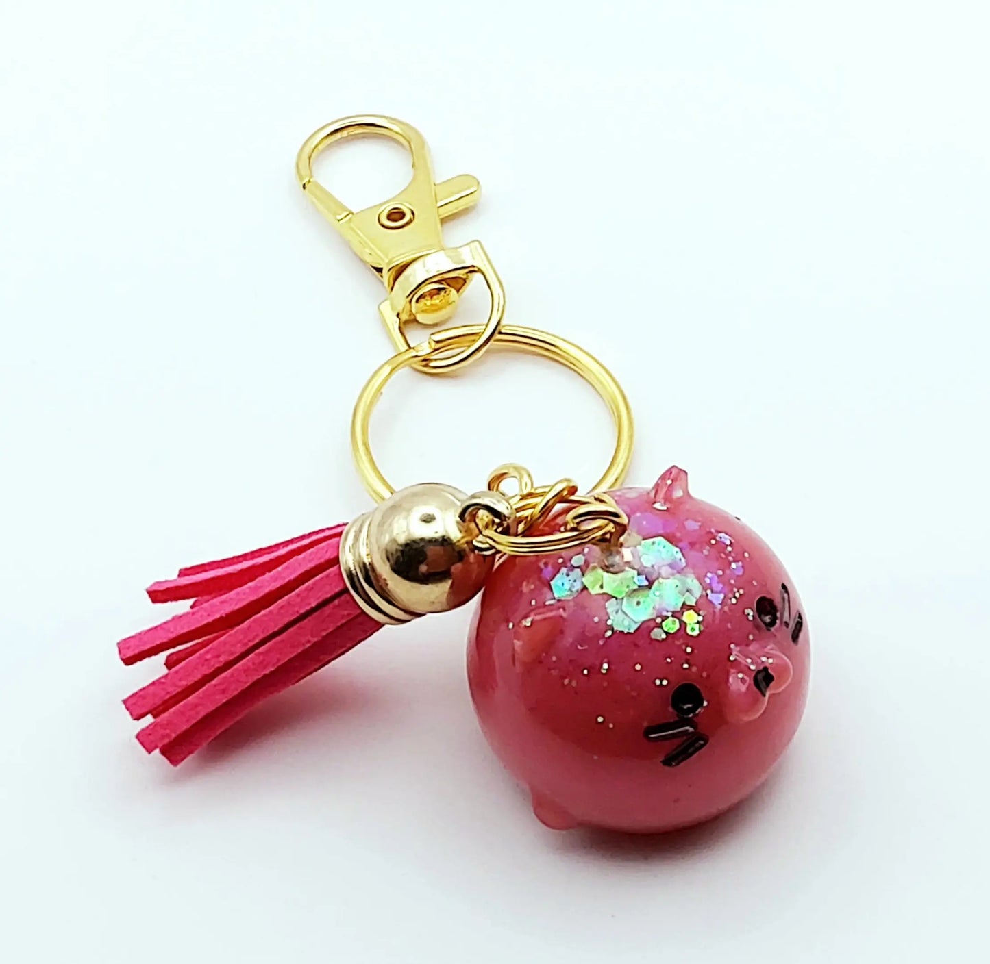 Porte-clés Boule Mignonne - Tête de chat - Rose et paillettes holographiques -  PRETTY RESINE