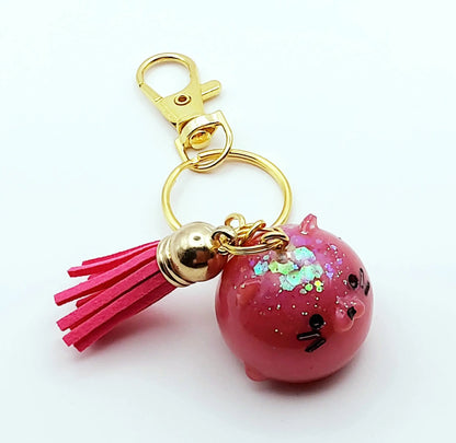 Porte-clés Boule Mignonne - Tête de chat - Rose et paillettes holographiques -  PRETTY RESINE