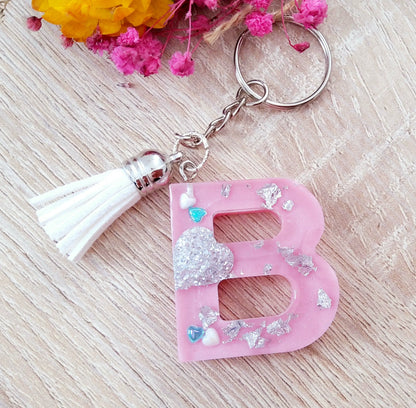 Porte-clés LETTRE B en résine époxy. Rose et argent  - PRETTY RESINE