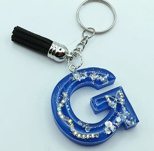Porte-clés LETTRE G en résine époxy. Bleu et argent