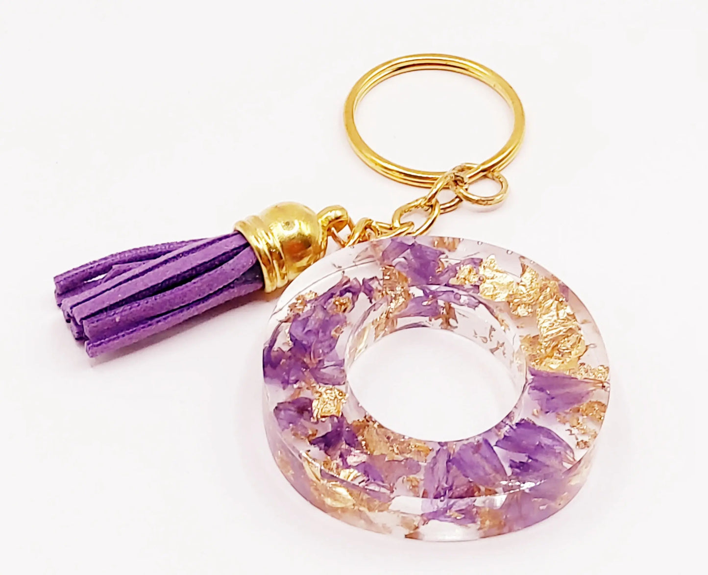 Porte-clés Initiale - Fleurs mauves et feuille d'or - PRETTY RESINE