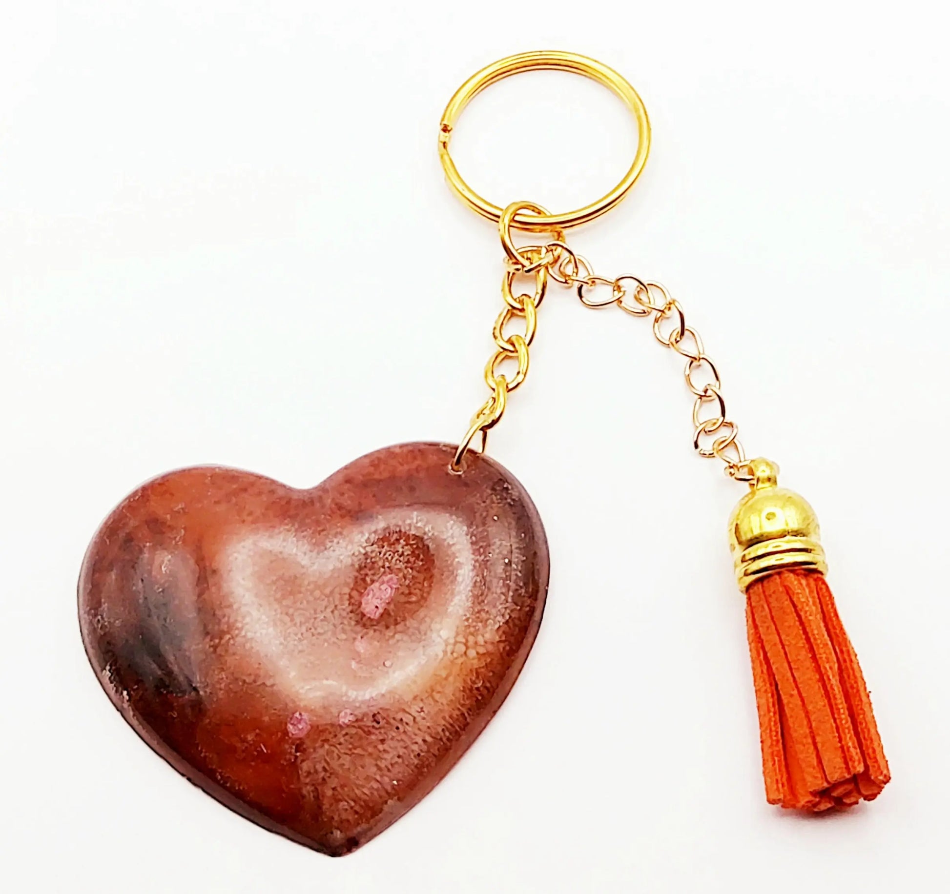 Porte-clés "Coeur", en résine époxy - Marron, doré et blanc - Effet pétri - PRETTY RESINE