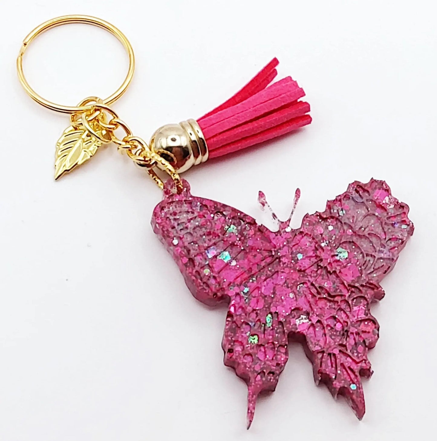 Porte-clés "Papillon" en résine époxy, paillettes roses fuchsia