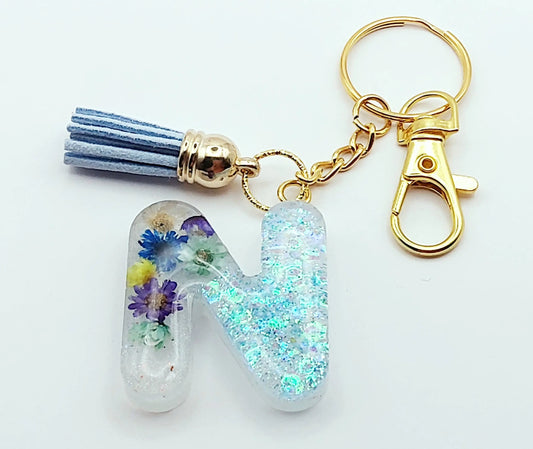 Porte-clés "Petite Lettre N" en résine époxy, fleurs multicolores