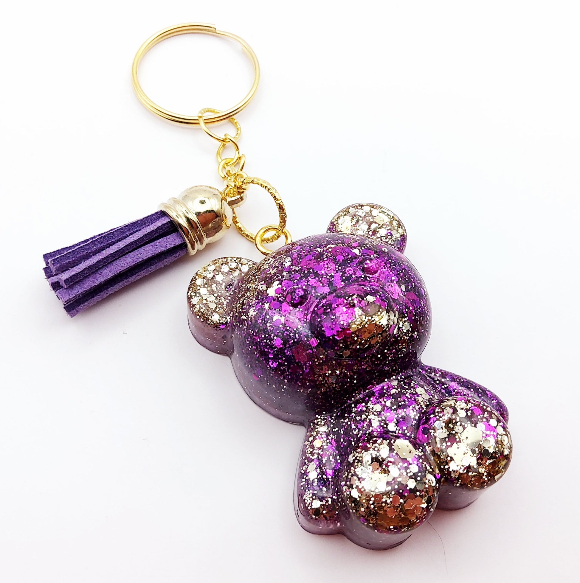 Porte-clés "Gros Ourson" en résine époxy, paillettes violettes et or