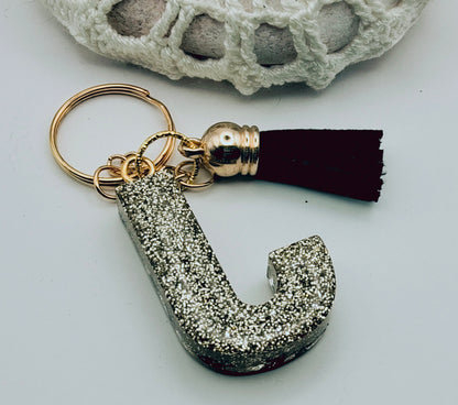 Porte-clés Lettre J en résine époxy. Motif léopard et feuille d'or. Envers - PRETTY RESINE