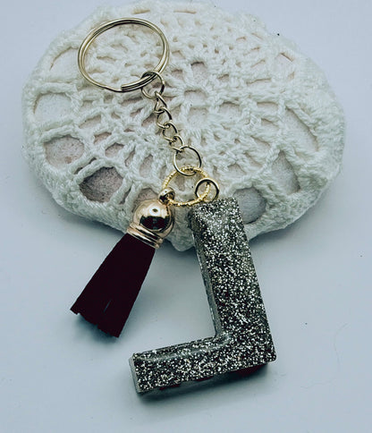 Porte-clés Lettre L en résine époxy. Motif léopard et feuille d'or. Envers - PRETTY RESINE