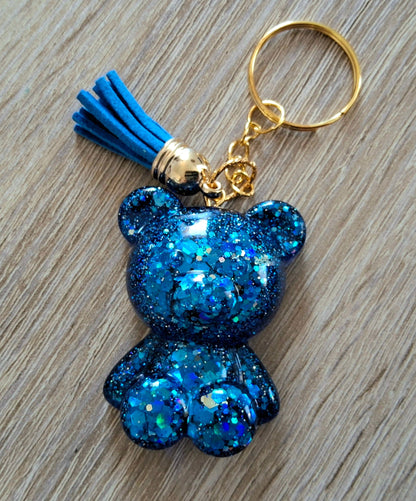 Porte-clés GROS OURSON en résine époxy. Paillettes bleu marine - PRETTY RESINE