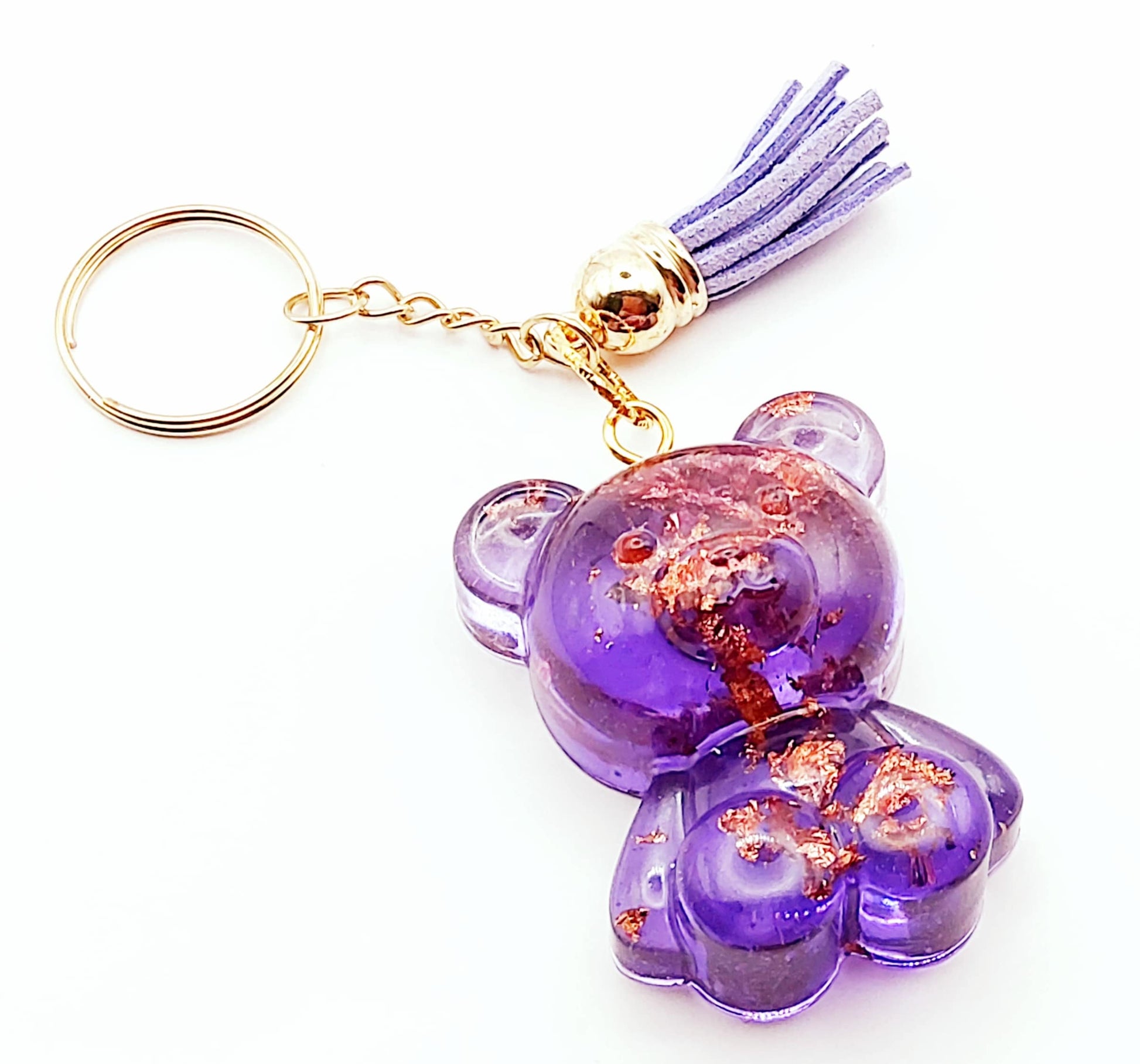 Porte-clés GROS OURSON en résine époxy. Mauve et feuille de cuivre - PRETTY RESINE