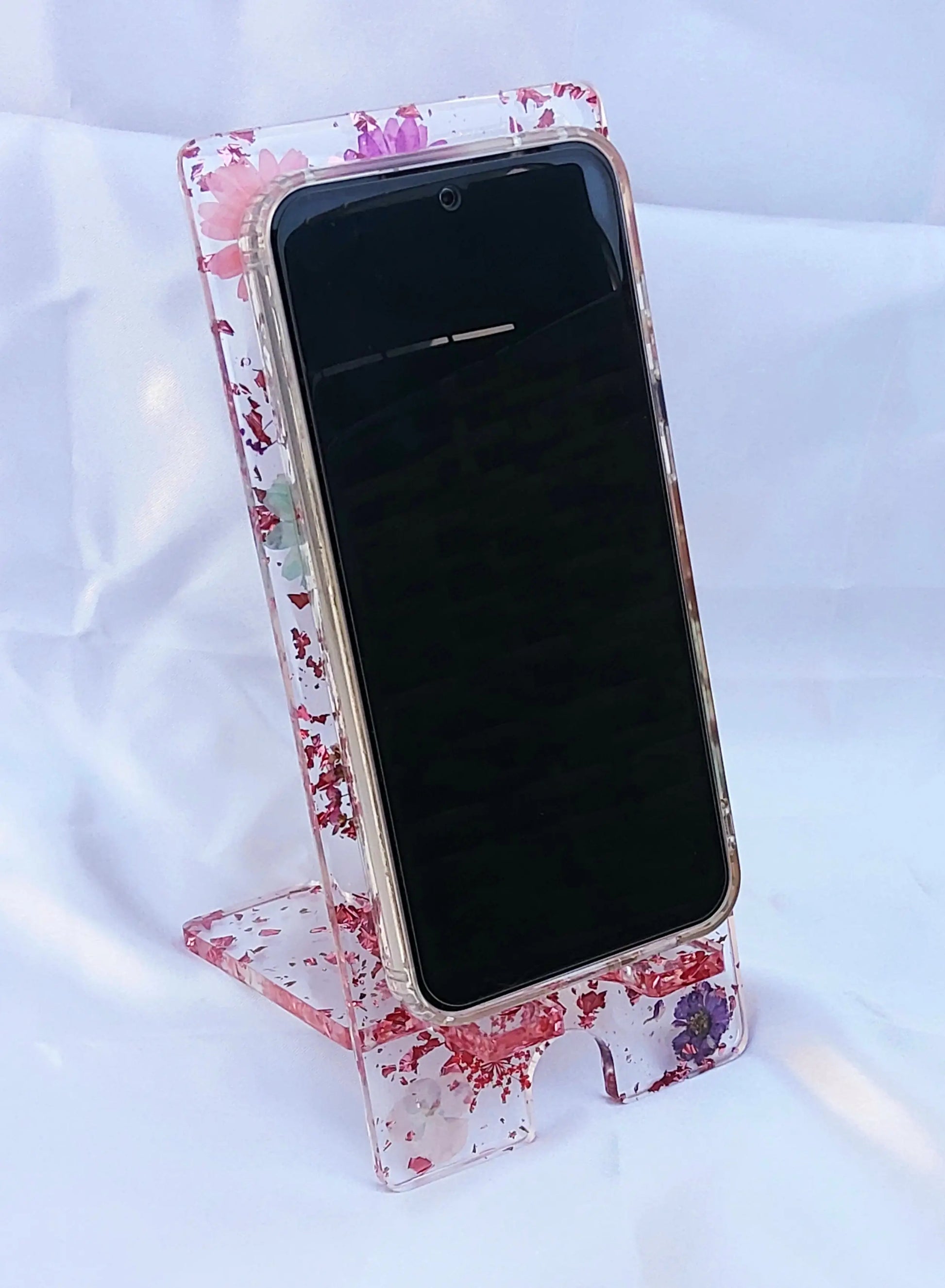 Support de téléphone en résine époxy. Transparent, fleurs séchées multicolores, feuille métallique rose - PRETTY RESINE