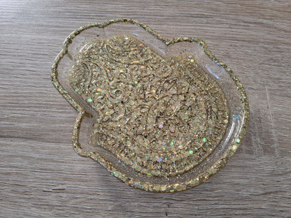 Vide-poches Grande Main de Fatma en résine époxy. Paillettes or - PRETTY RESINE